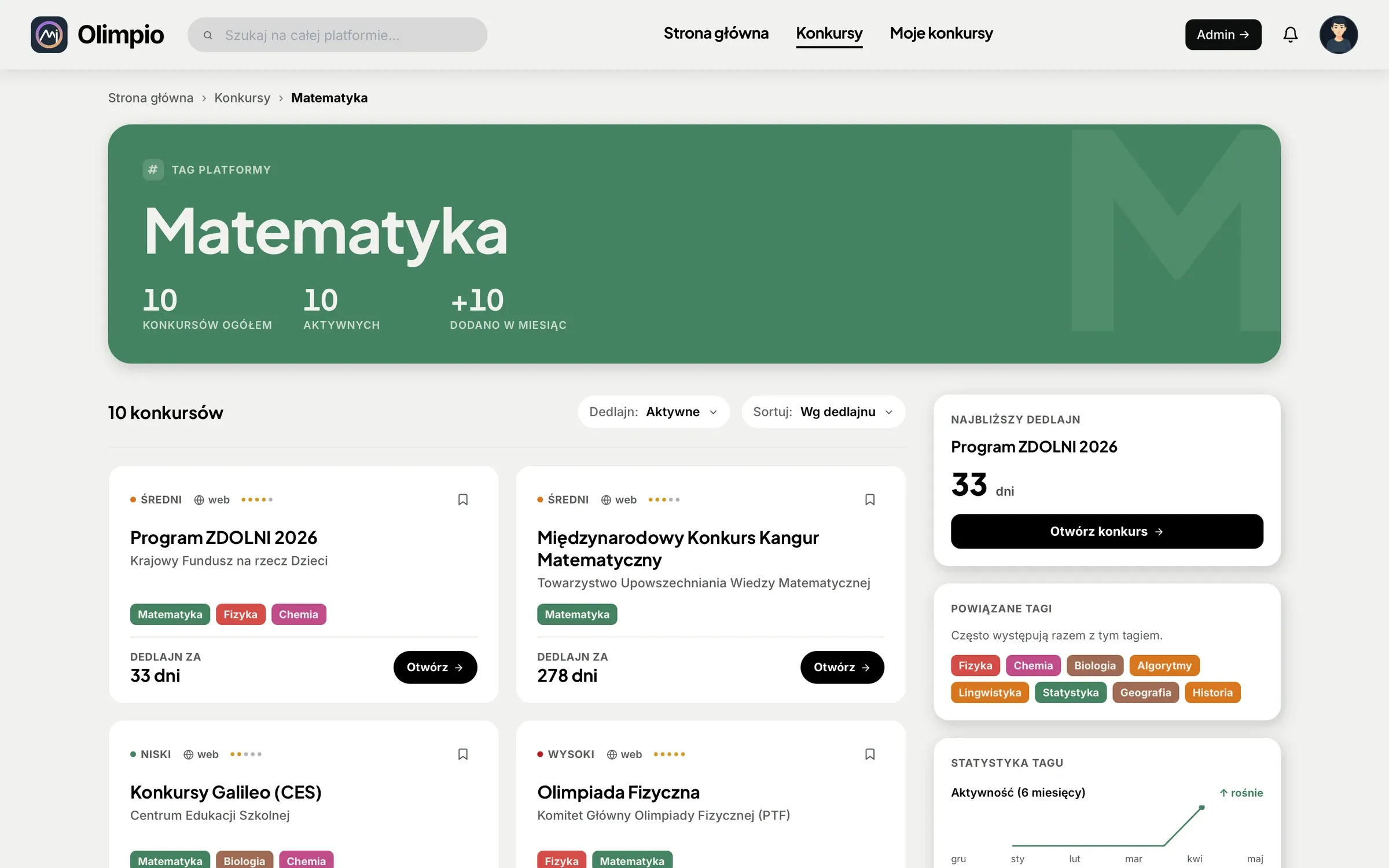 Lista konkursów z tagiem Matematyka z terminami, poziomem i powiązanymi tagami