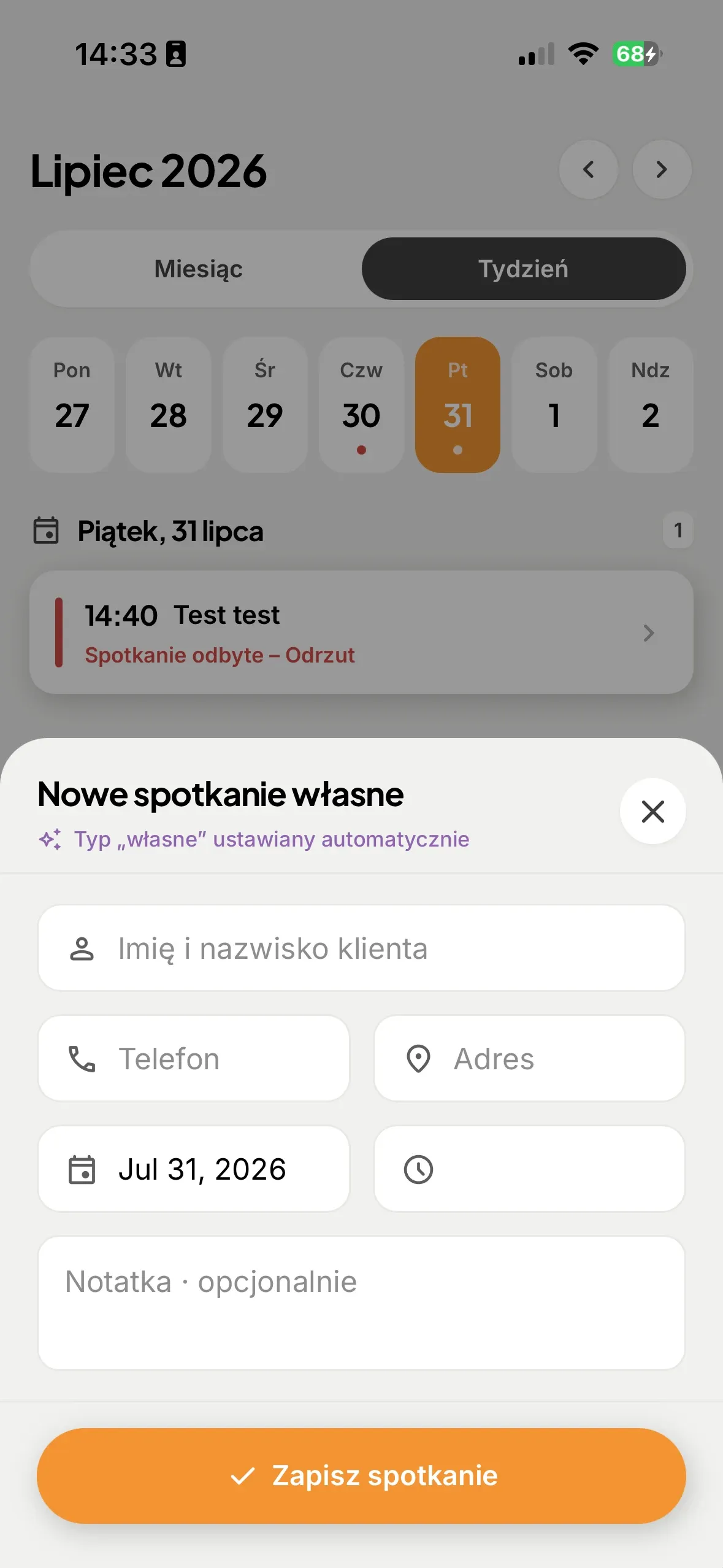 Formularz nowego spotkania: klient, telefon, adres, data i notatka