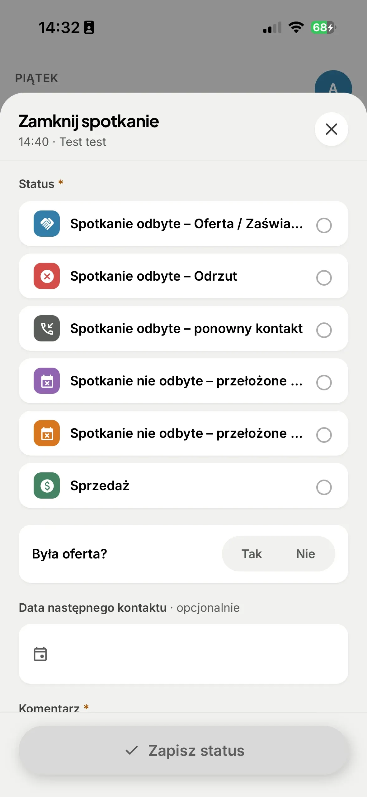 Wybór wyniku spotkania: oferta, odrzut, ponowny kontakt, przełożenie lub sprzedaż